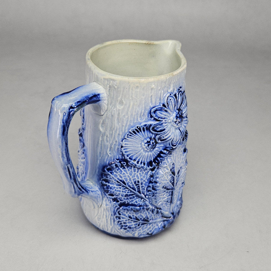 Blue and White Majolica-Style Relief Floral Ceramic Jug