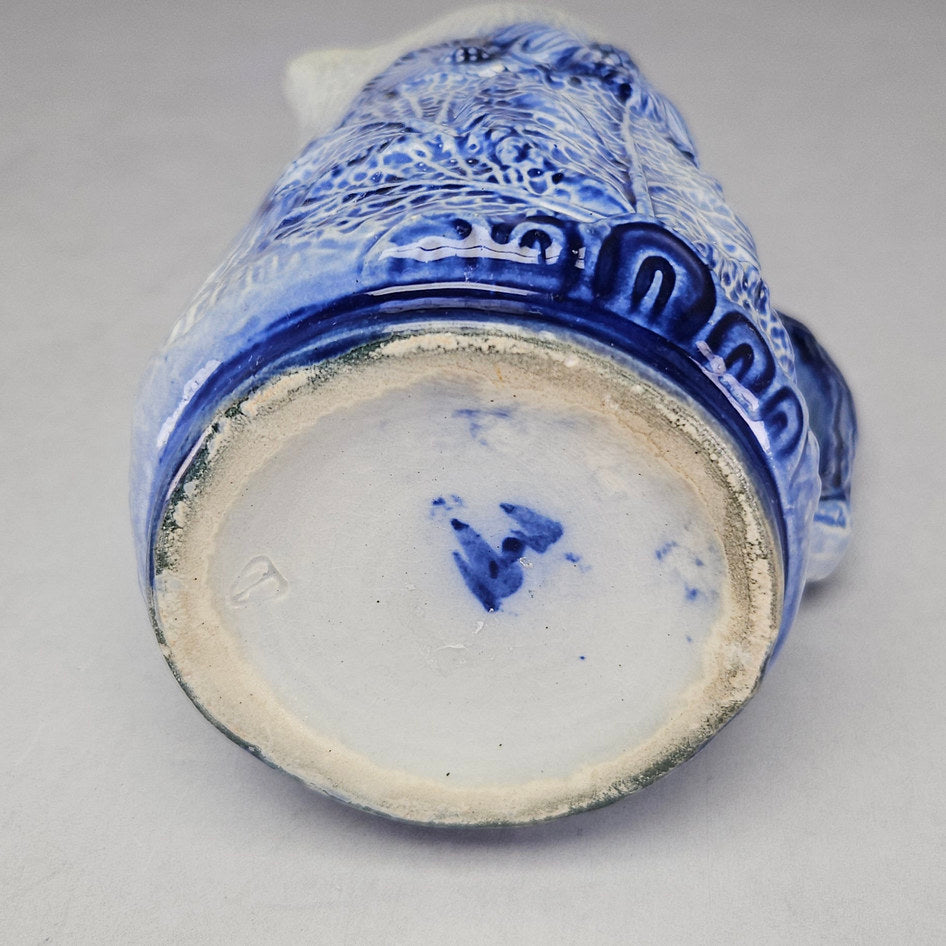 Blue and White Majolica-Style Relief Floral Ceramic Jug