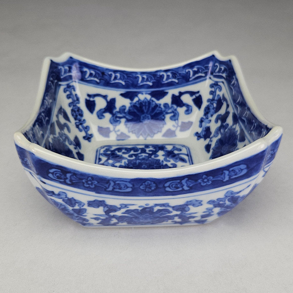 Blue and White Square Porcelain Bowl with Floral Scroll Decoration