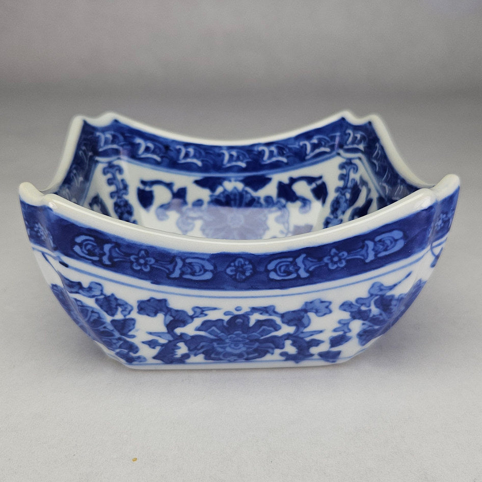 Blue and White Square Porcelain Bowl with Floral Scroll Decoration