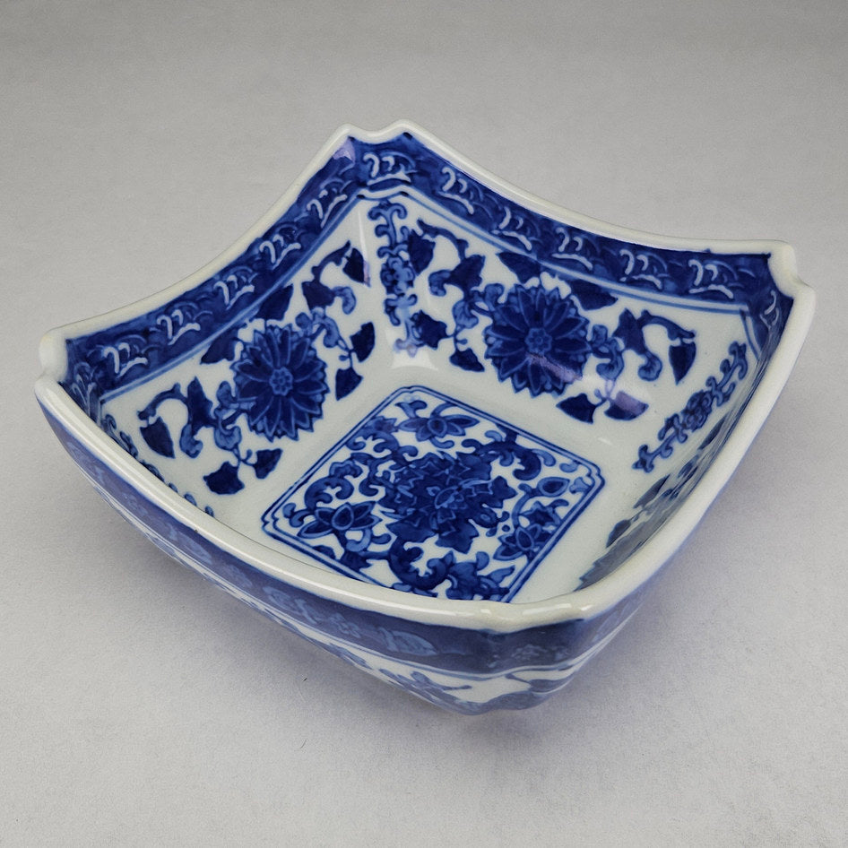 Blue and White Square Porcelain Bowl with Floral Scroll Decoration