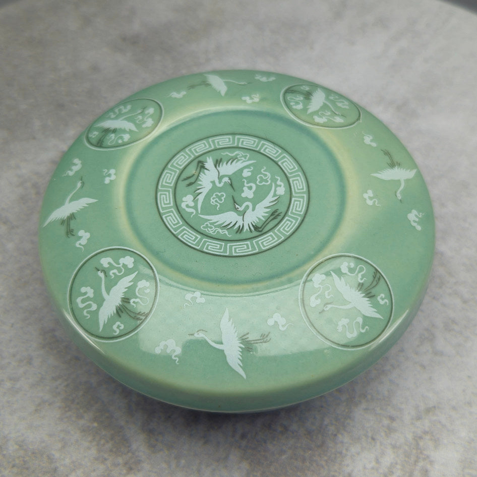 Chinese-Style Celadon Crane Motif Covered Bowl
