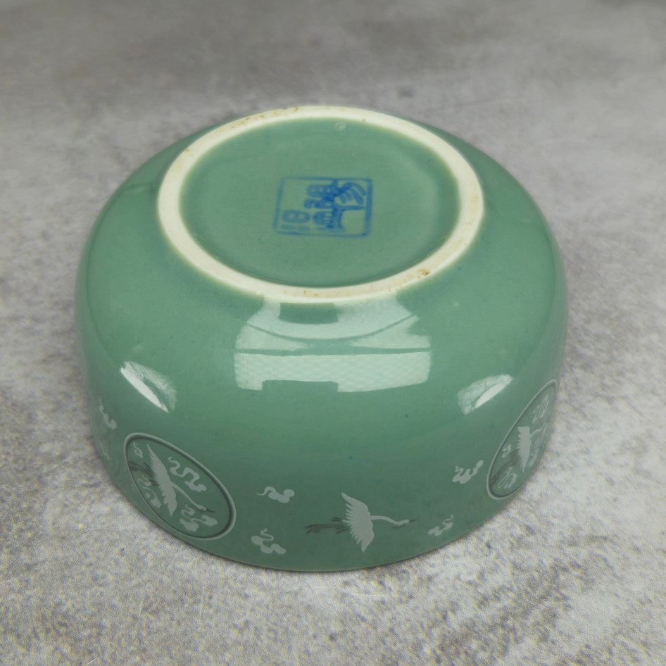 Chinese-Style Celadon Crane Motif Covered Bowl