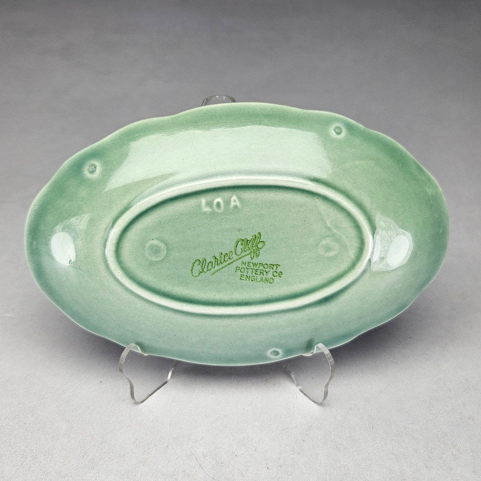 Clarice Cliff Newport leaf and berry sauce boat with stand, photograph 7 of this collectible ceramic piece