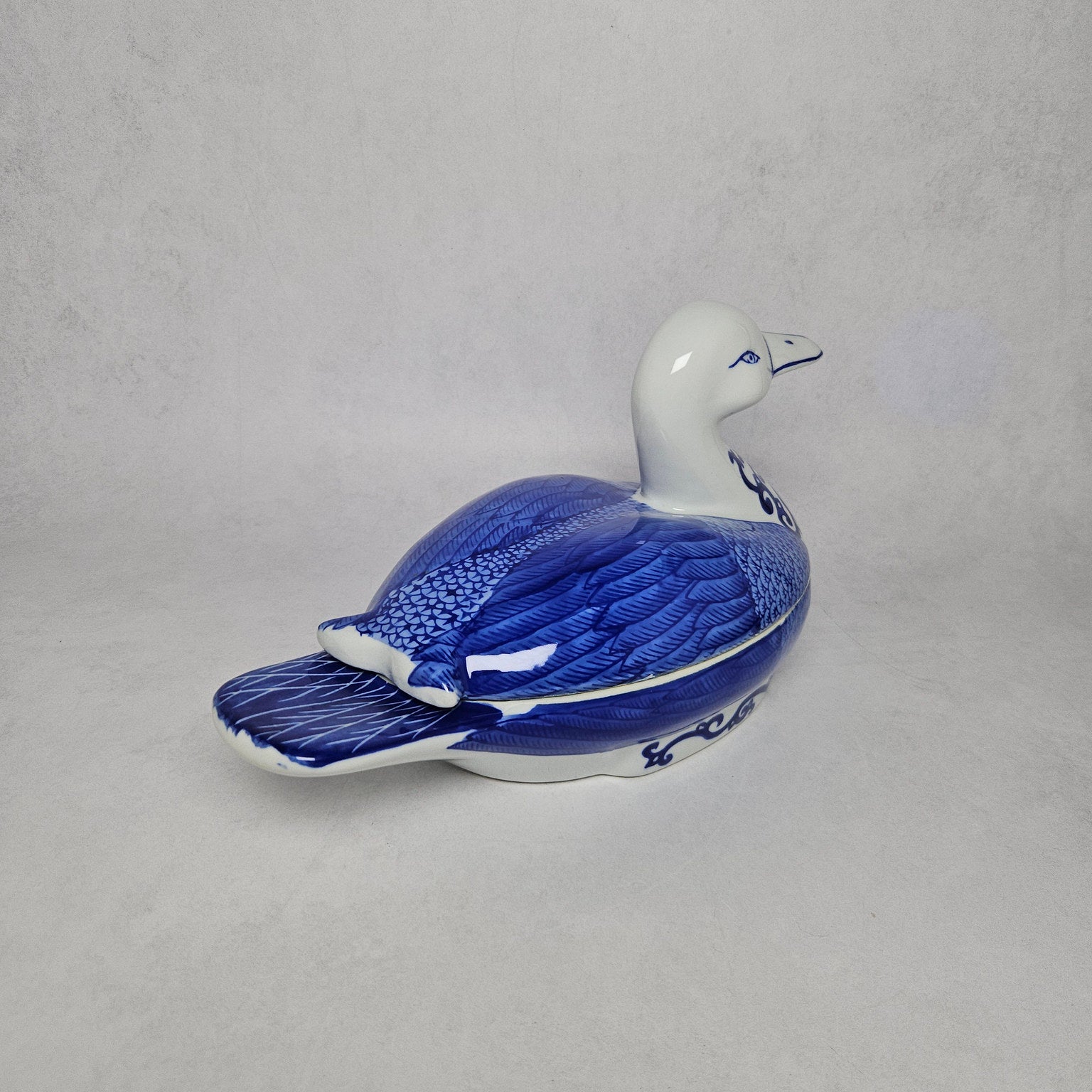 Cobalt Blue and White Ceramic Duck-Shaped Lidded Tureen