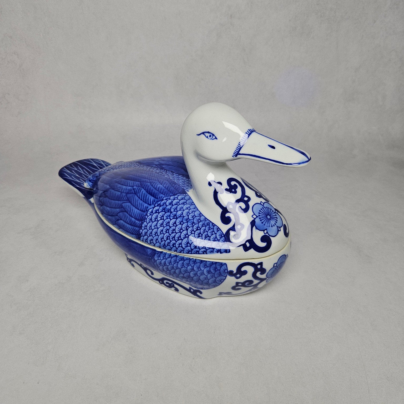Cobalt Blue and White Ceramic Duck-Shaped Lidded Tureen