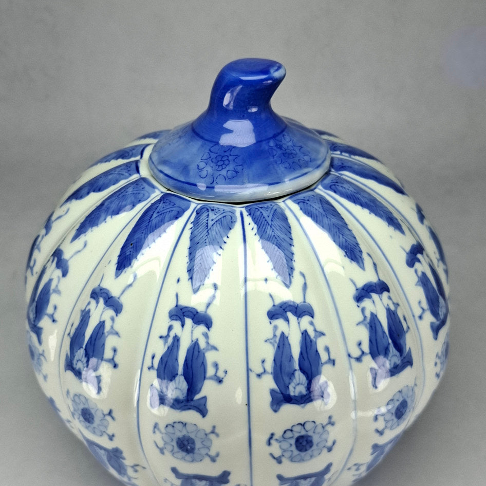 Decorative Blue and White Porcelain Ribbed Lidded Jar