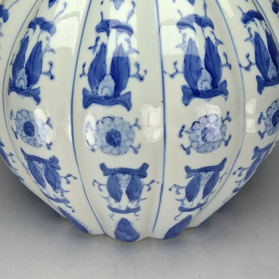 Decorative Blue and White Porcelain Ribbed Lidded Jar