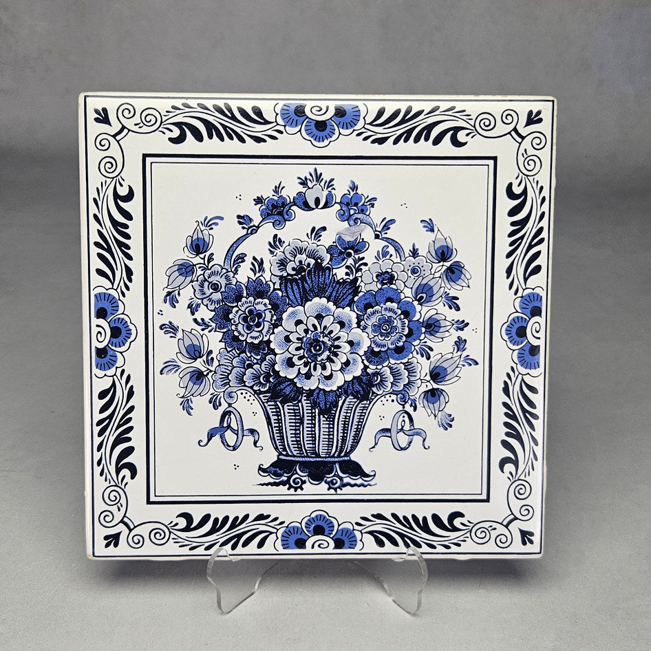Delft Holland Blue and White Floral Basket Wall Tile, product view 1