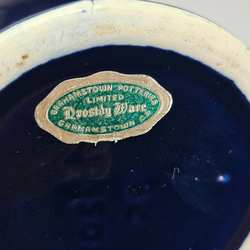 Drostdy Ware cobalt ewer underside showing Grahamstown Potteries label