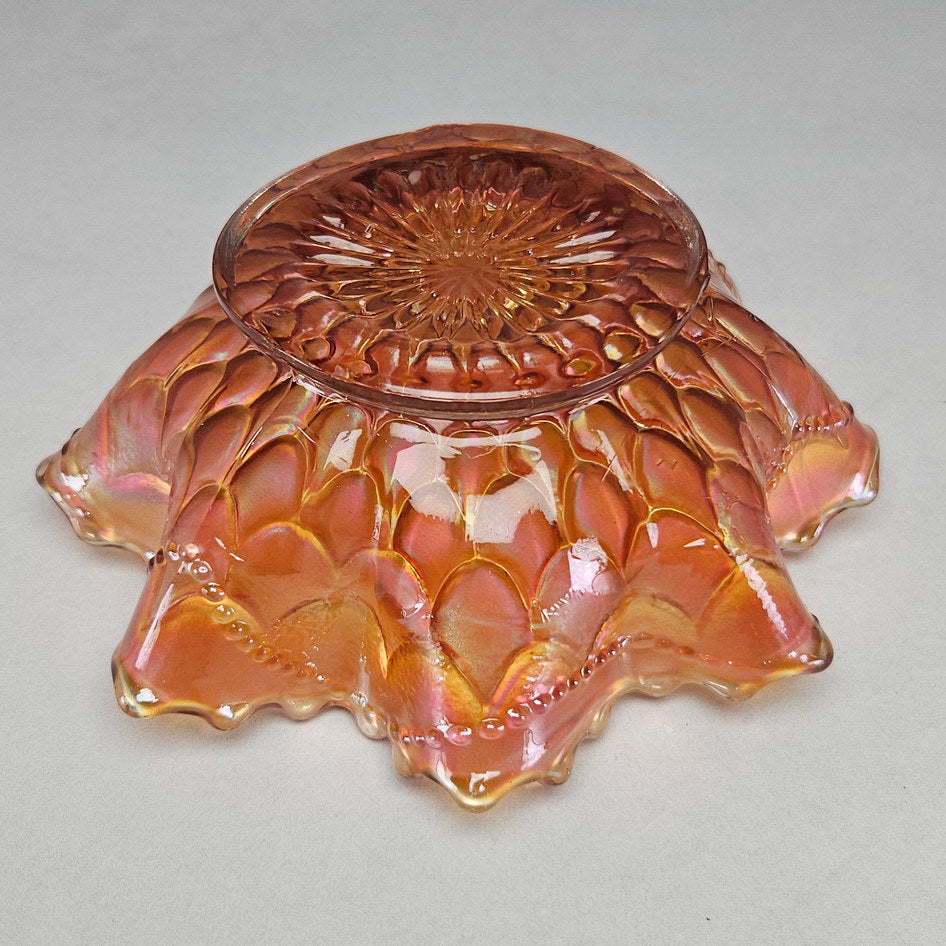 Dugan Fishscale and Beads Marigold Carnival Glass Ruffled Bowl