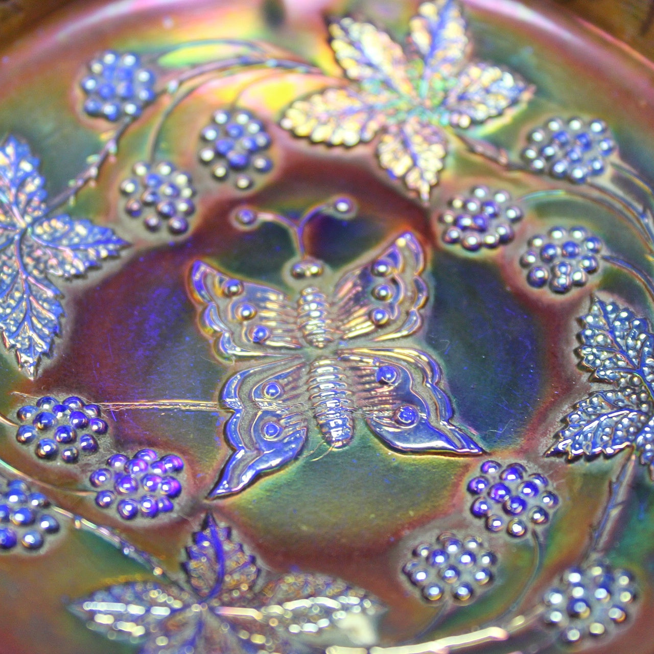 Fenton Carnival Glass Butterfly and Berry Claw Footed Bowl