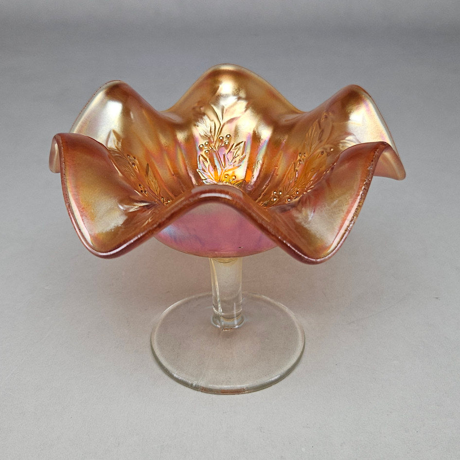 Fenton Holly Marigold Carnival Glass Ruffled Stemmed Compote