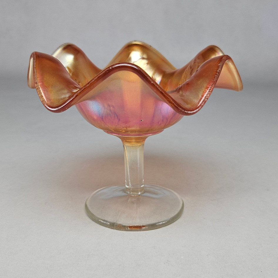 Fenton Holly Marigold Carnival Glass Ruffled Stemmed Compote