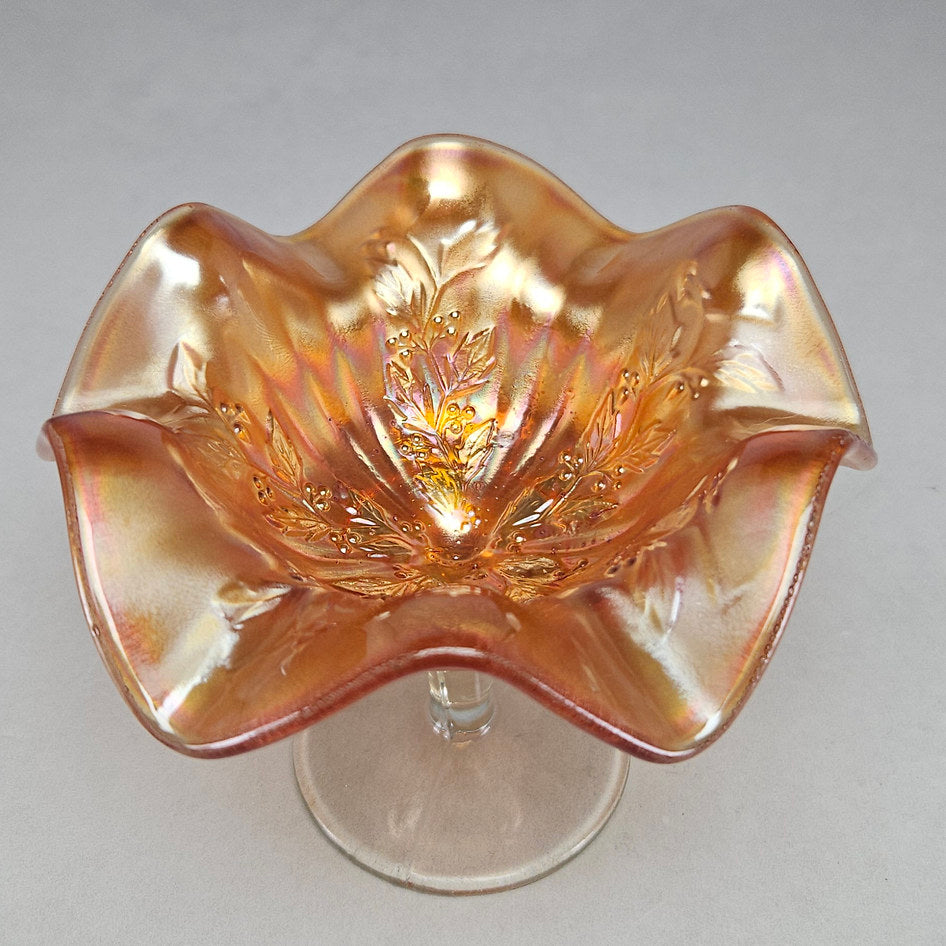 Fenton Holly Marigold Carnival Glass Ruffled Stemmed Compote