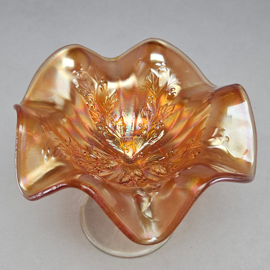 Fenton Holly Marigold Carnival Glass Ruffled Stemmed Compote