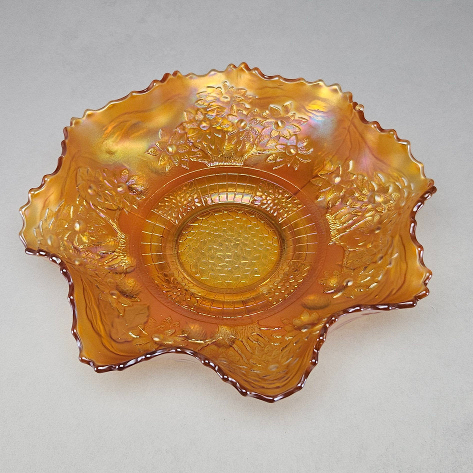 Fenton Orange Tree Marigold Carnival Glass Ruffled Bowl