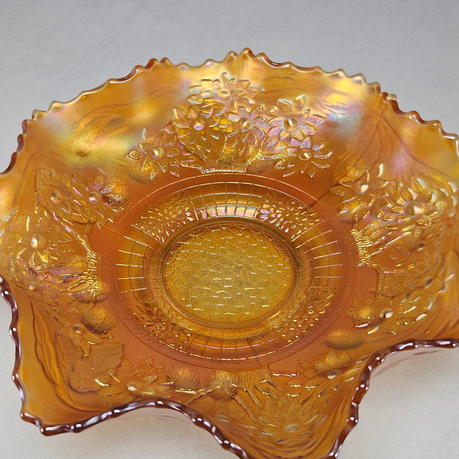 Fenton Orange Tree Marigold Carnival Glass Ruffled Bowl