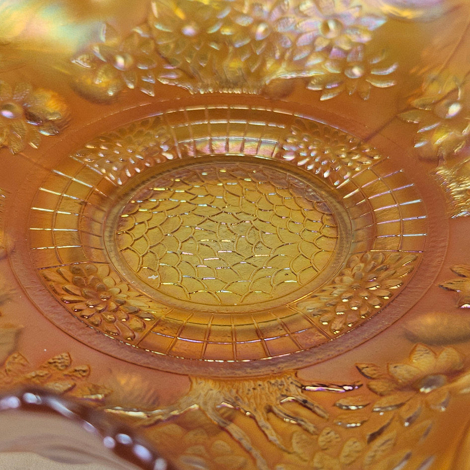 Fenton Orange Tree Marigold Carnival Glass Ruffled Bowl