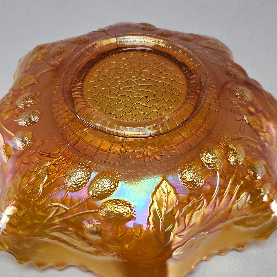 Fenton Orange Tree Marigold Carnival Glass Ruffled Bowl