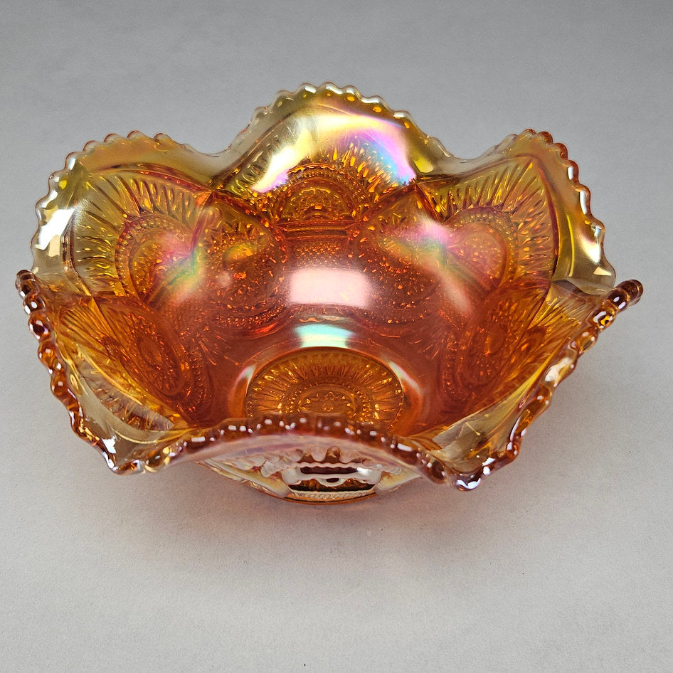 Fenton Peacock and Urn Marigold Carnival Glass Ruffled Bowl