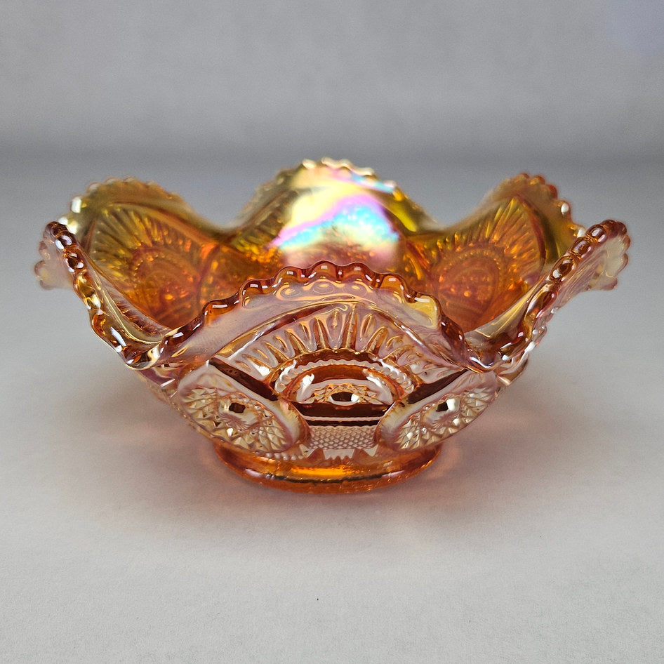 Fenton Peacock and Urn Marigold Carnival Glass Ruffled Bowl