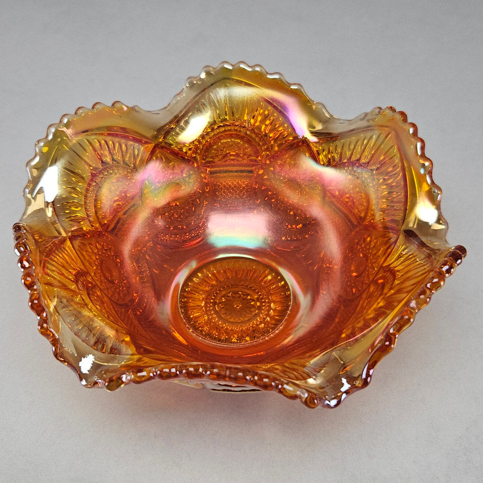 Fenton Peacock and Urn Marigold Carnival Glass Ruffled Bowl
