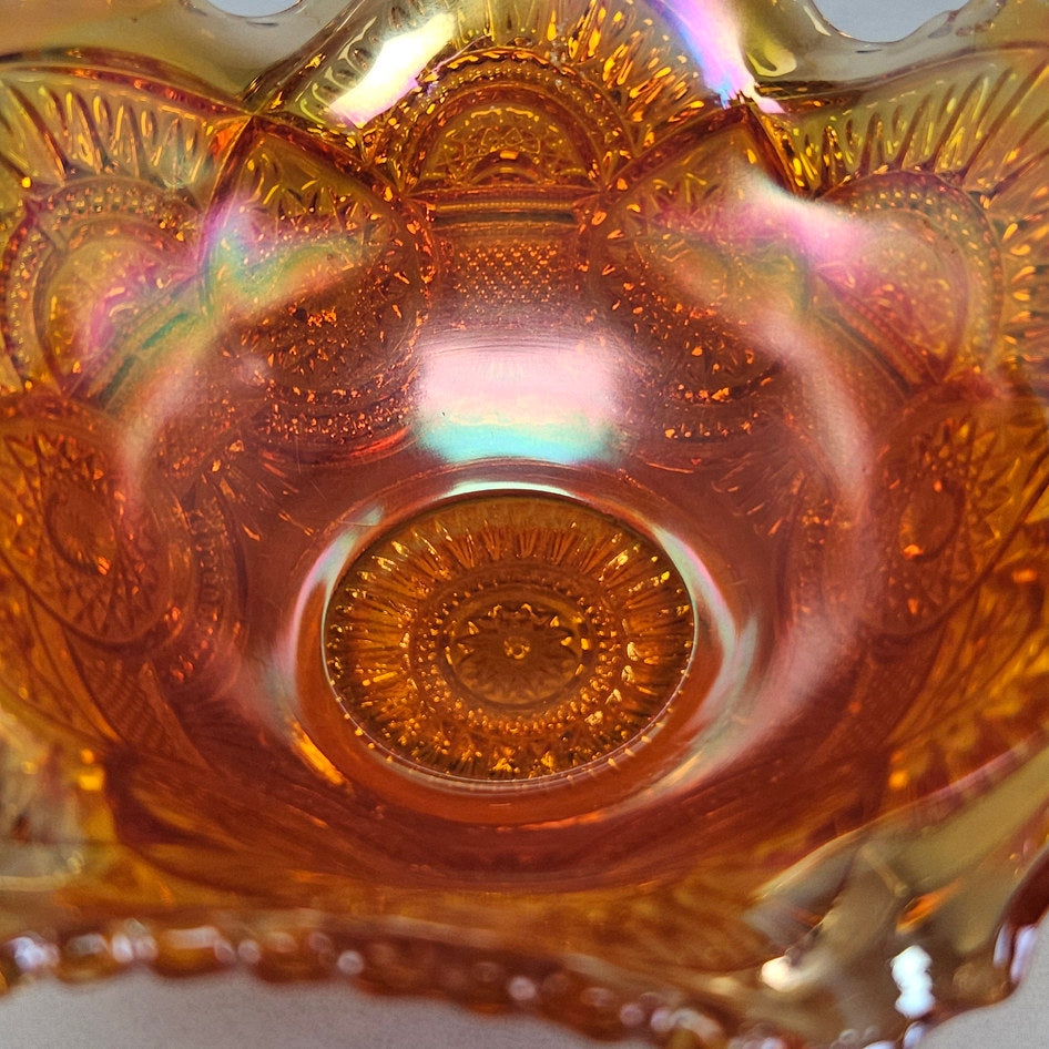 Fenton Peacock and Urn Marigold Carnival Glass Ruffled Bowl