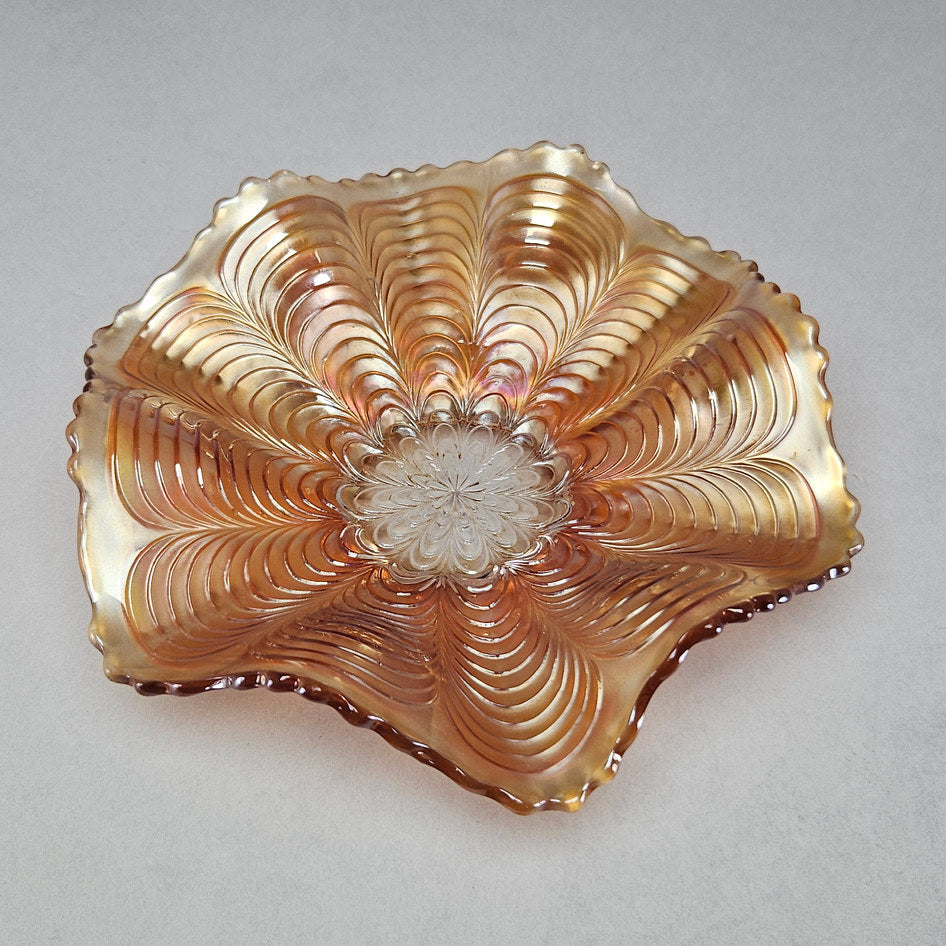 Fenton Peacock Tail Marigold Carnival Glass Square Crimped Bowl