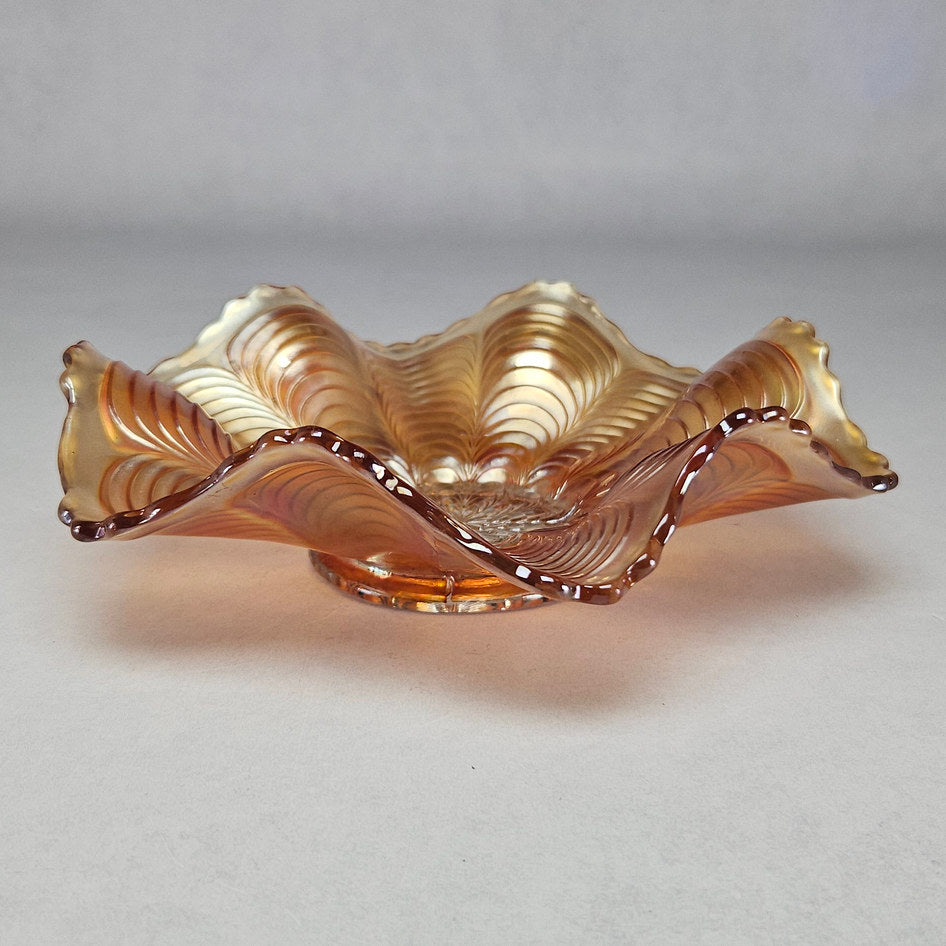 Fenton Peacock Tail Marigold Carnival Glass Square Crimped Bowl