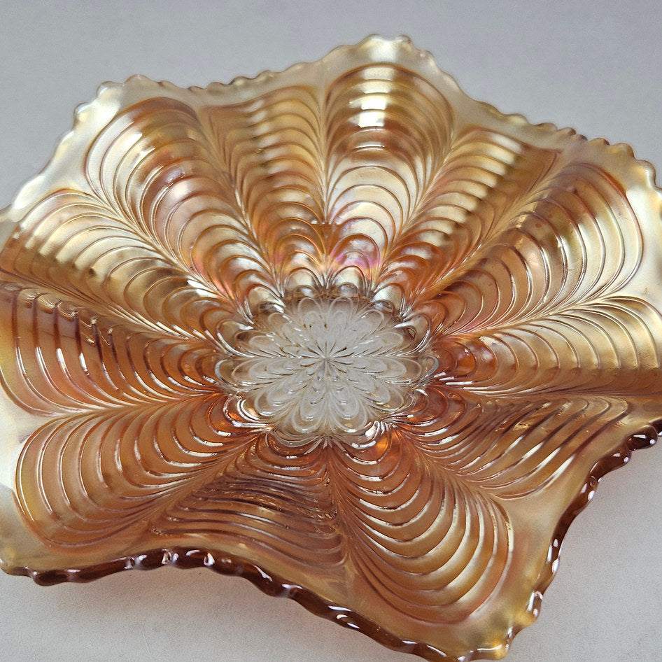 Fenton Peacock Tail Marigold Carnival Glass Square Crimped Bowl