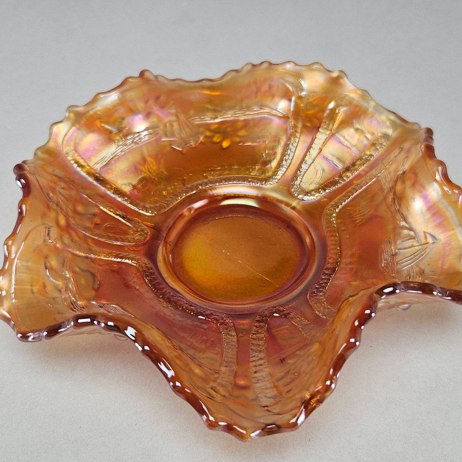 Fenton Sailboats Marigold Carnival Glass Ruffled Bowl