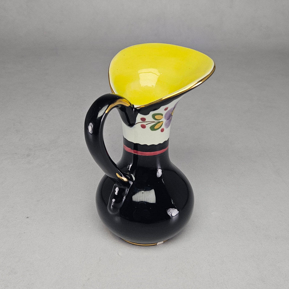 Genuine Gouda Holland Hand-Painted Black Floral Ceramic Jug