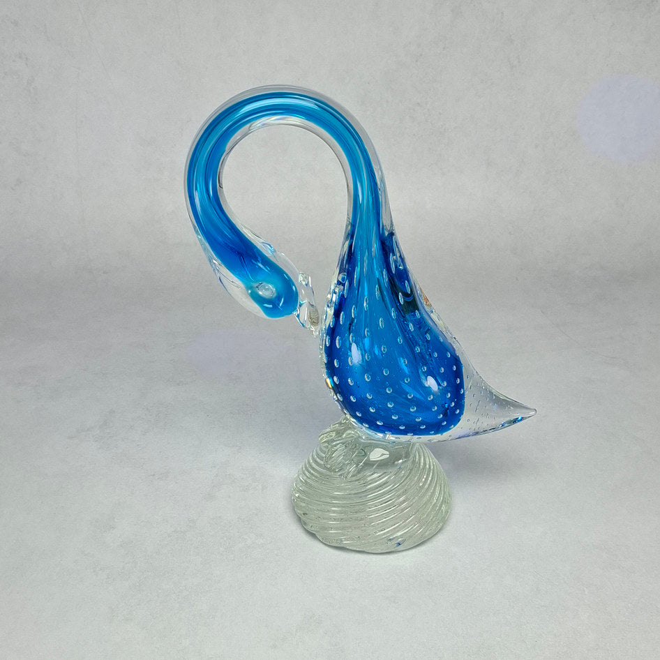 Hand-Blown Blue Bullicante Art Glass Swan Sculpture