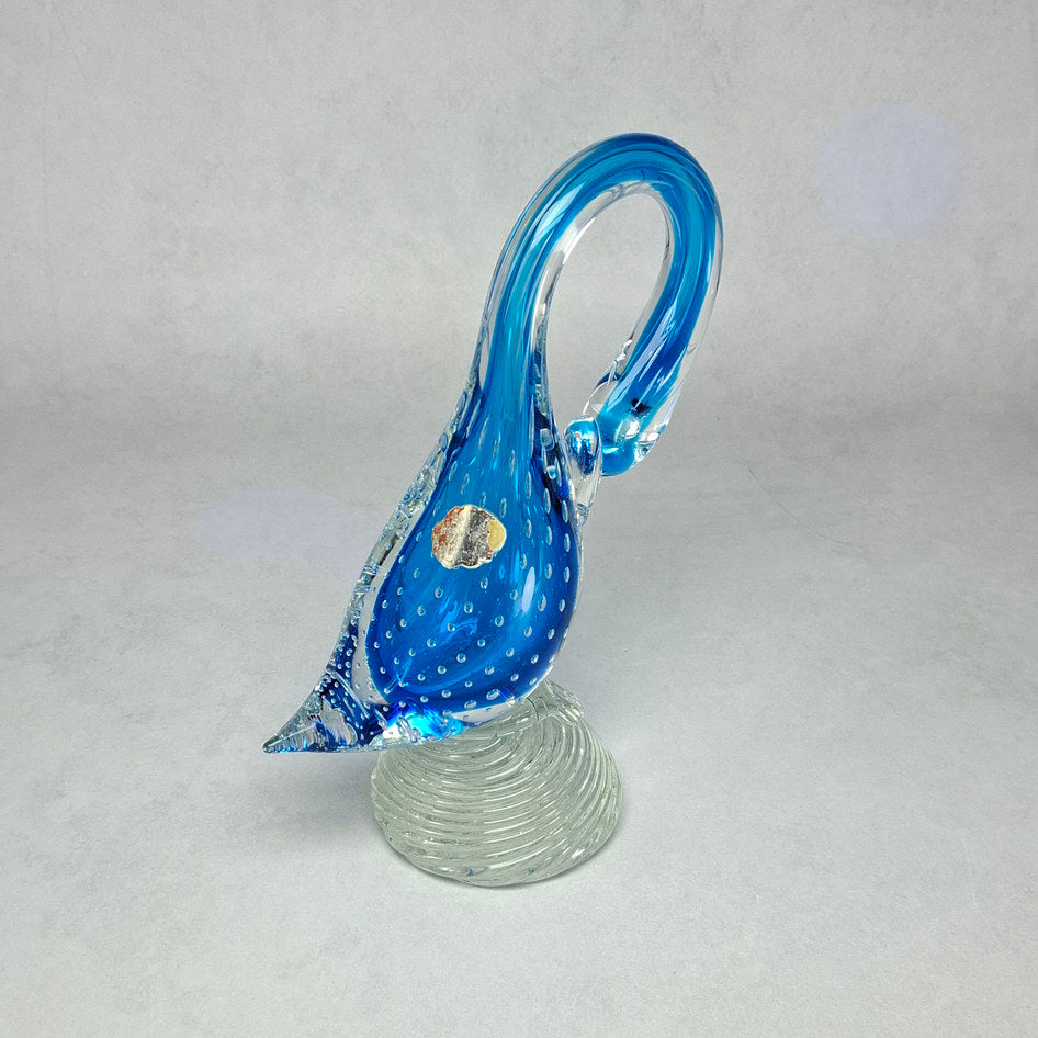 Hand-Blown Blue Bullicante Art Glass Swan Sculpture