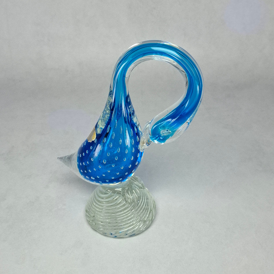 Hand-Blown Blue Bullicante Art Glass Swan Sculpture