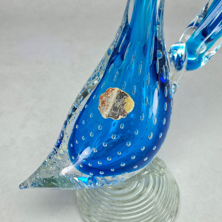 Hand-Blown Blue Bullicante Art Glass Swan Sculpture
