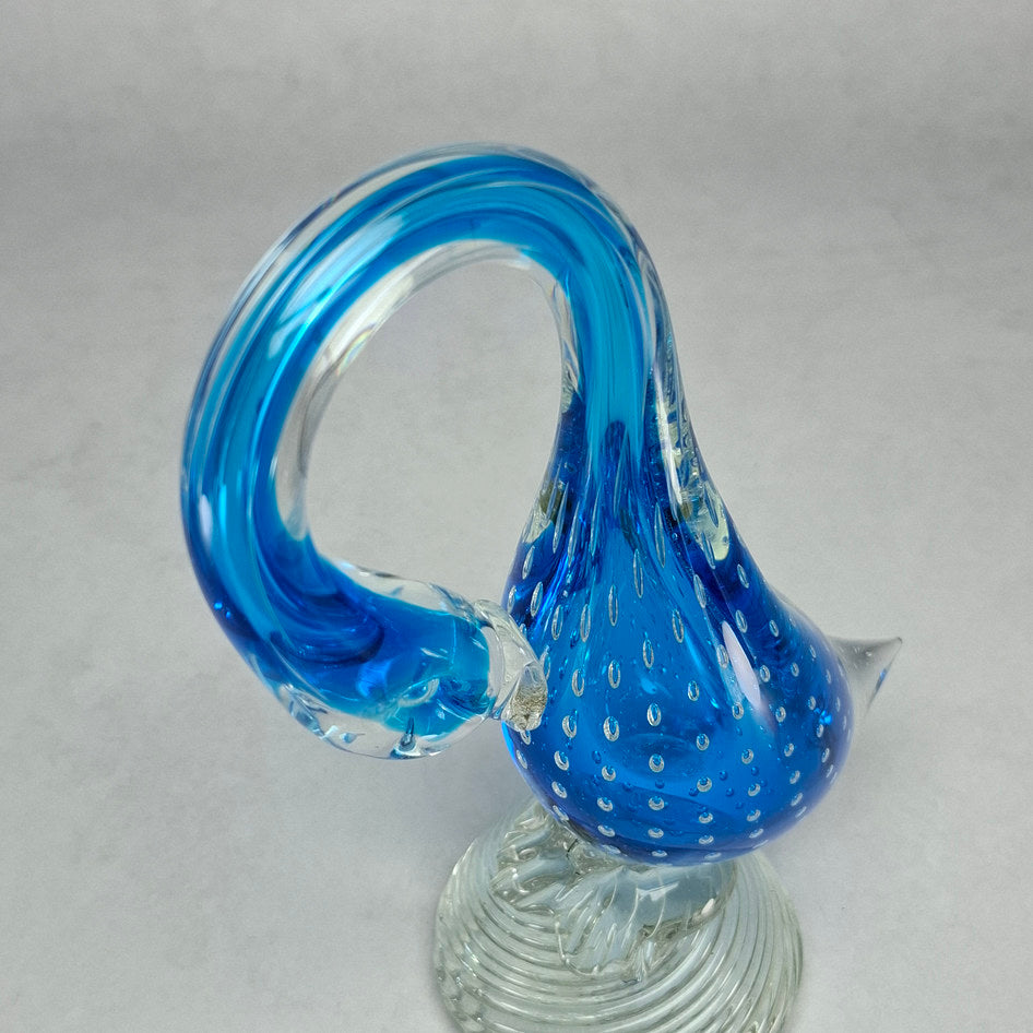 Hand-Blown Blue Bullicante Art Glass Swan Sculpture