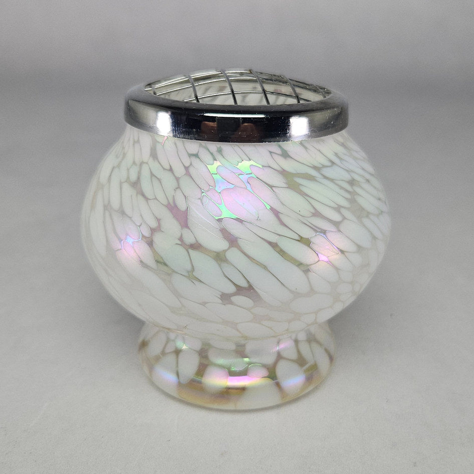Hand-Blown Iridescent Confetti Glass Rose Bowl with Metal Flower Frog