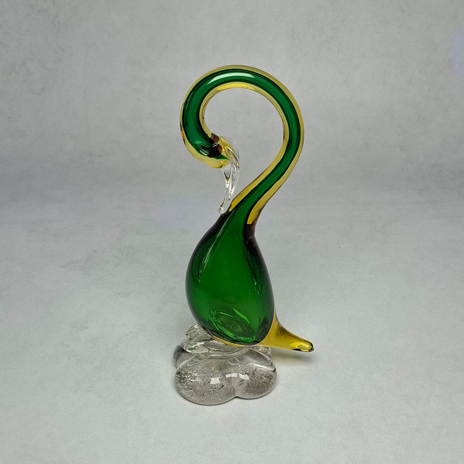 Handmade Murano Art Glass Green and Amber Swan Sculptures — Set of 2