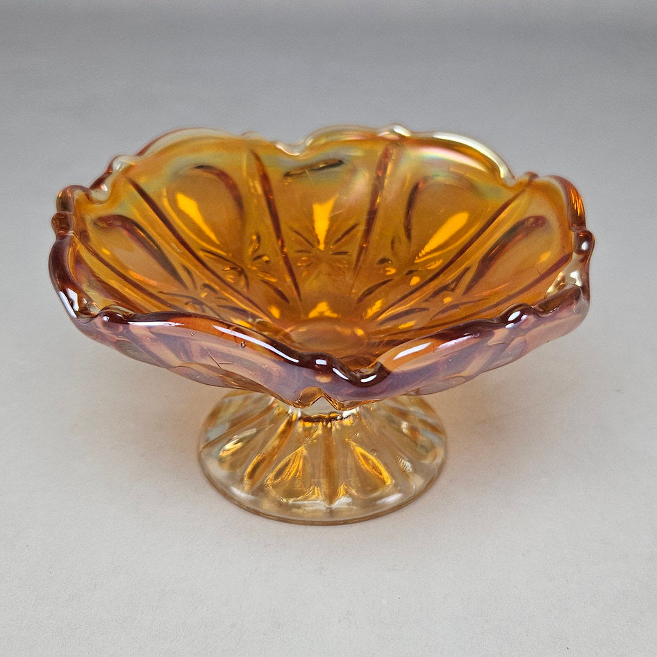 Imperial Floral and Optic Marigold Carnival Glass Footed Bowl