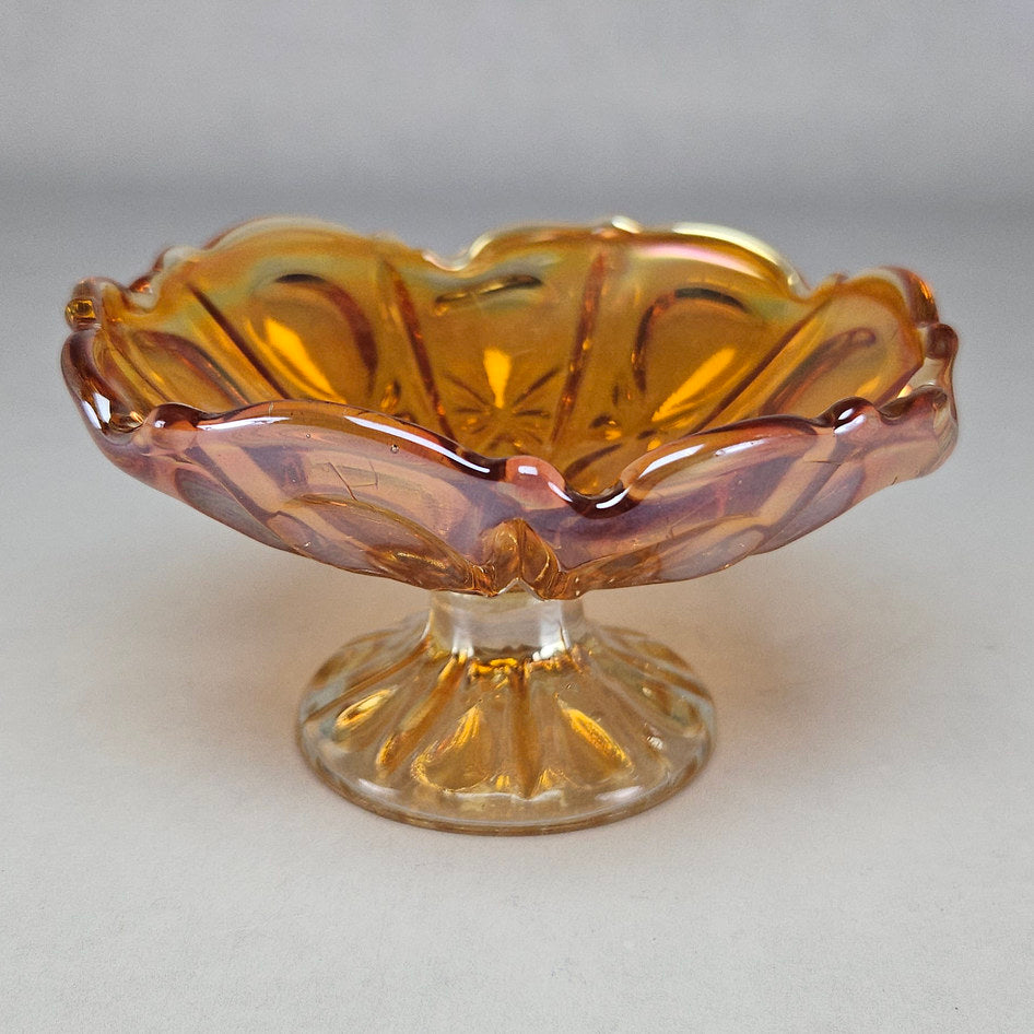 Imperial Floral and Optic Marigold Carnival Glass Footed Bowl