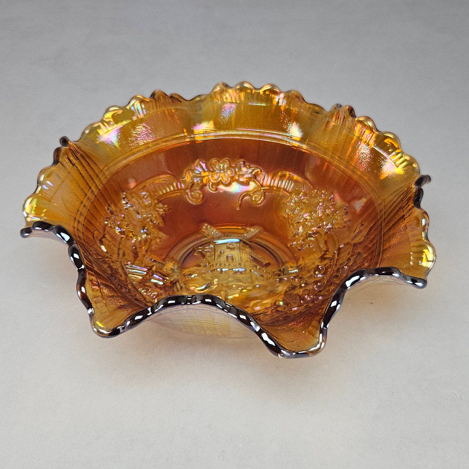 Imperial Windmill Marigold Carnival Glass Ruffled Bowl