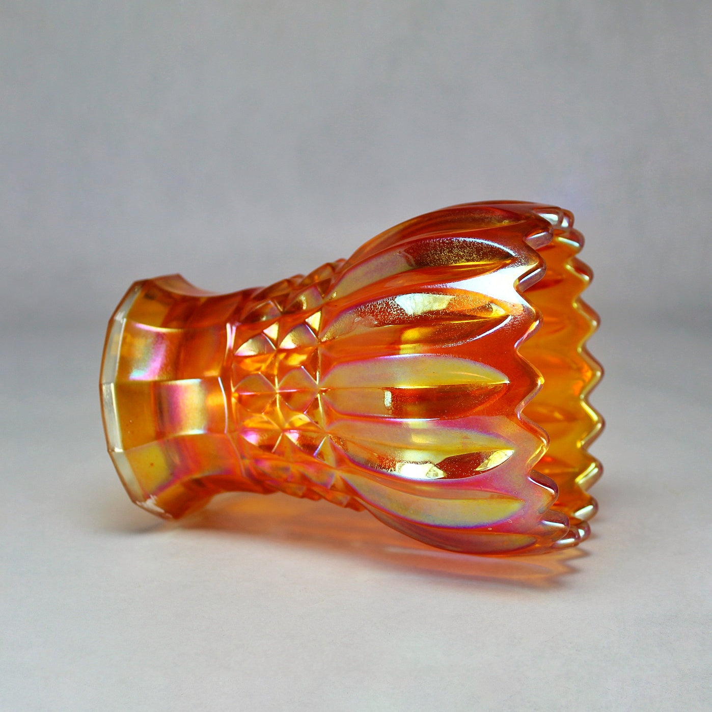 Joseph Inwald Marigold Coronet Princeton Pattern Squatty Carnival Glass Vase