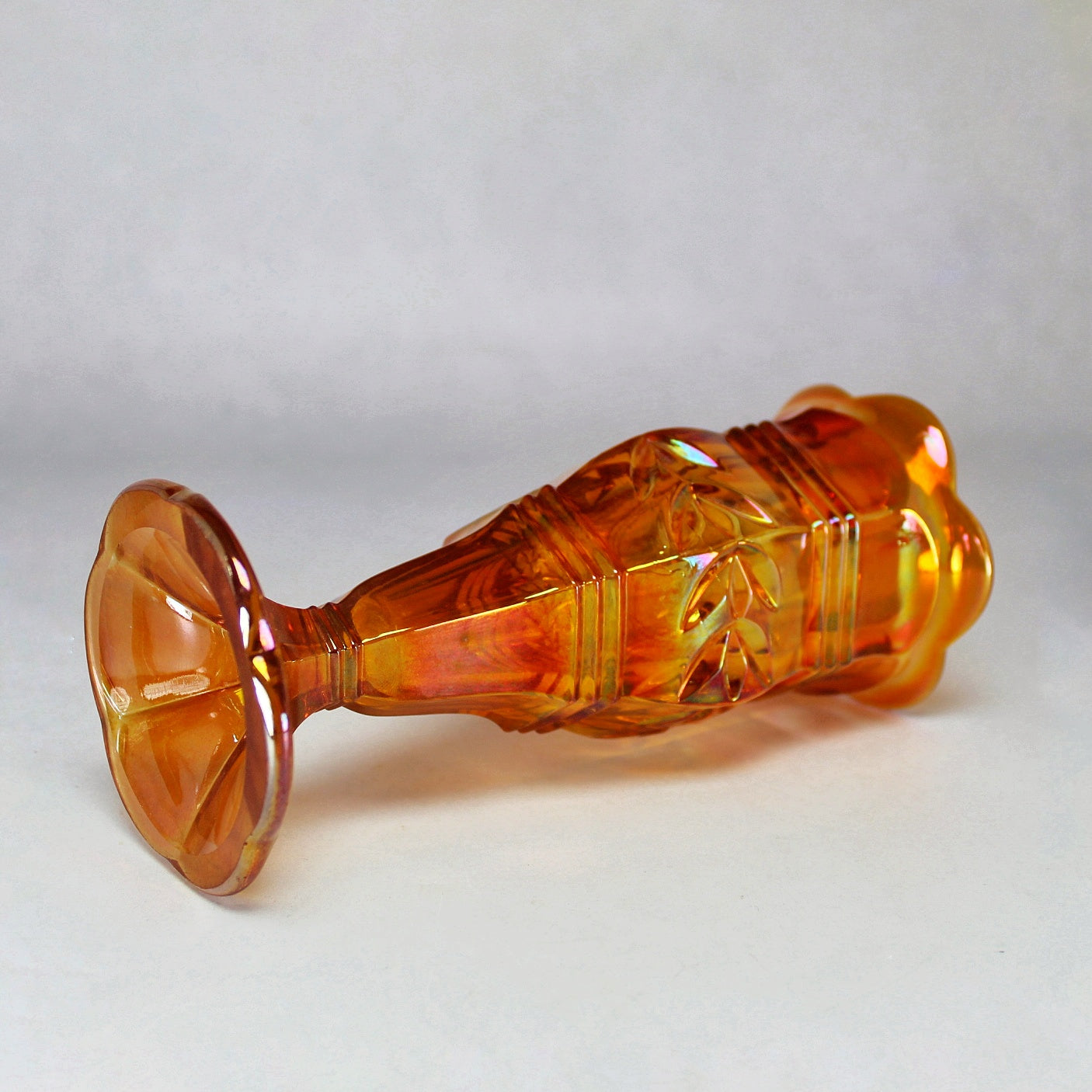 Joseph Inwald Marigold Laurier Nelly Pattern Pedestal Footed Carnival Glass Vase