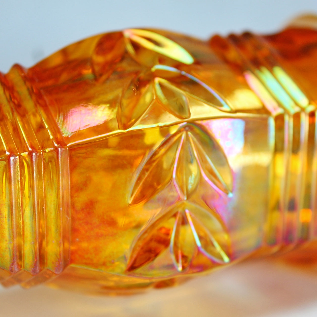 Joseph Inwald Marigold Laurier Nelly Pattern Pedestal Footed Carnival Glass Vase