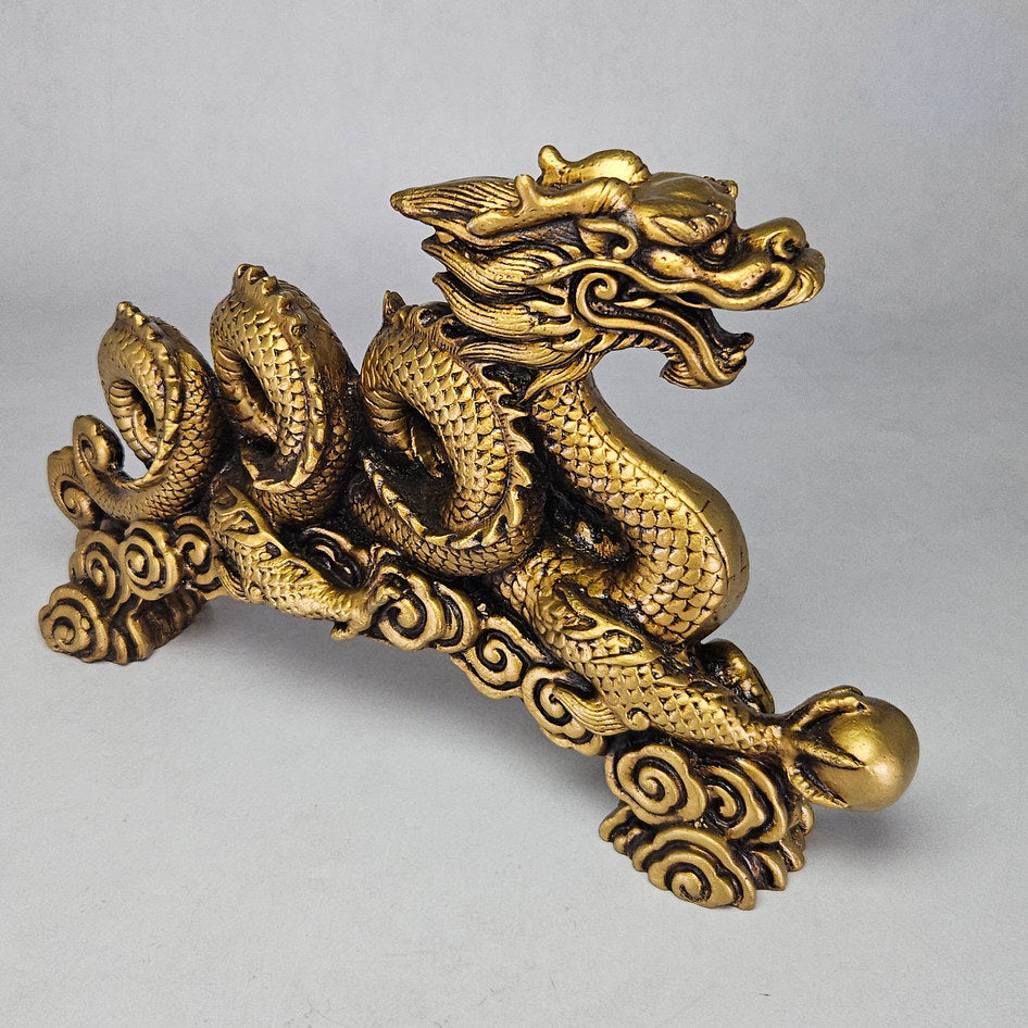 Large Vintage Gilded Resin Chinese Feng Shui Dragon Statue with Orb Detail