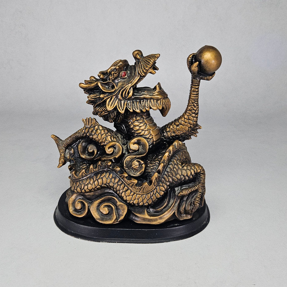 Large Vintage Gilded Resin Feng Shui Dragon with Raised Orb on Base