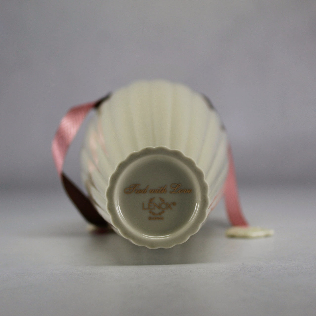 Lenox Tied with Love Ribbed Cream and Gold Vase with Pink Ribbon