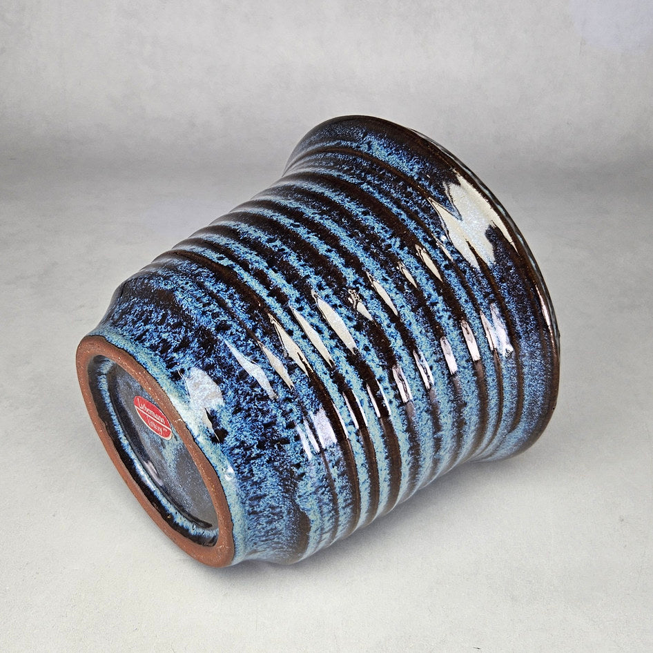 Liebermann Pottery Blue and Brown Ribbed Planter